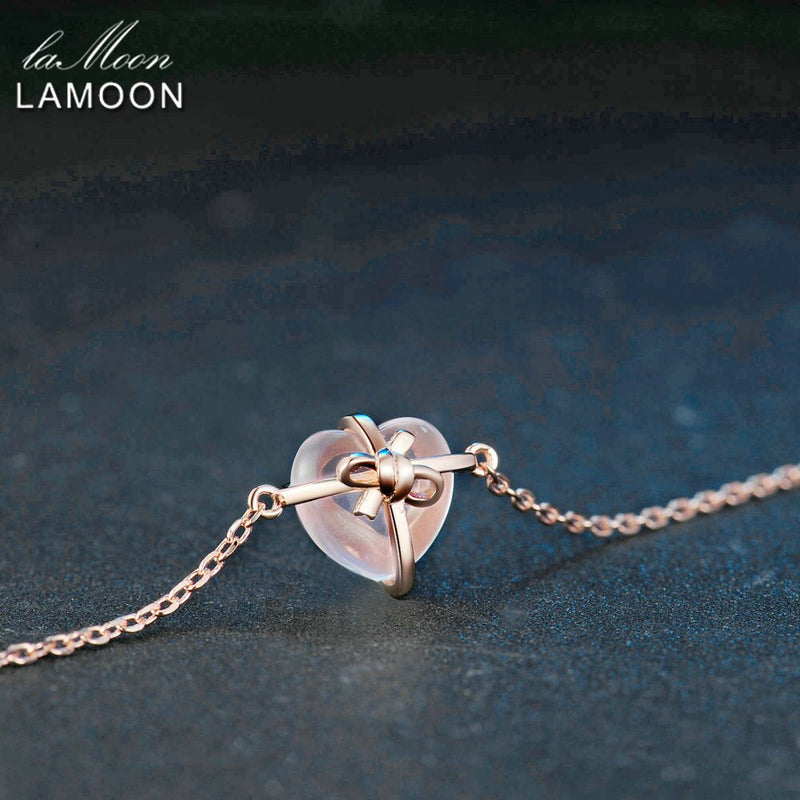 LAMOON 925 sterling silver Bracele For Women Heart Bracelet Rose Quartz Gemstone 18K Rose Gold Plated Fine Jewelry LMHI047