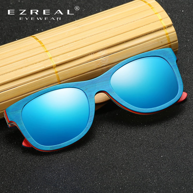 EZREAL Skateboard-Sonnenbrille aus Holz, blauer Rahmen mit Beschichtung, verspiegelte Bambus-Sonnenbrille, UV-400-Schutzgläser in Holzbox