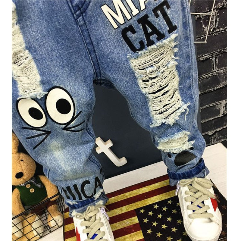 New Girls Jeans Spring Autumn Children Trousers 1-7Yrs Baby Boys Girls Jeans Boys Casual Hole Pants Cartoon Cat Jeans Kids Pants