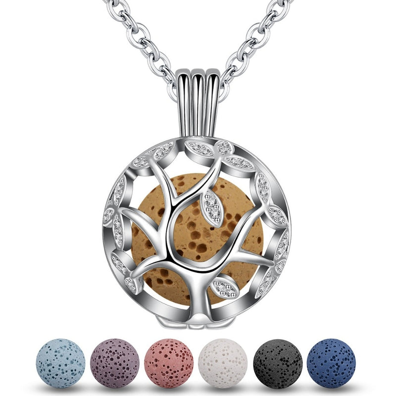 EUDORA 14mm Tree Of Life Pendant Aromatherapy CZ Cage Locket Diffuser Necklace Fit Volcanic Lava Stone Ball Fine Jewelry K187