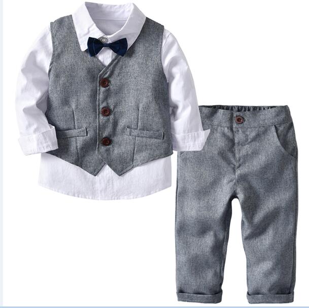 Ropa para niños Primavera Otoño Moda Traje de bebé Viento británico Trajes para niños Caballero Camisa de manga larga Chaleco Pantalones Niños Sui