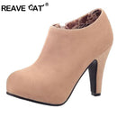REAVE CAT Große Größe 32-45 Wildlederimitat Damen Stiefeletten Herbst Frühlingsschuhe 10cm Absatz Reißverschluss Schwarz Aprikose Blau Designer QL4259