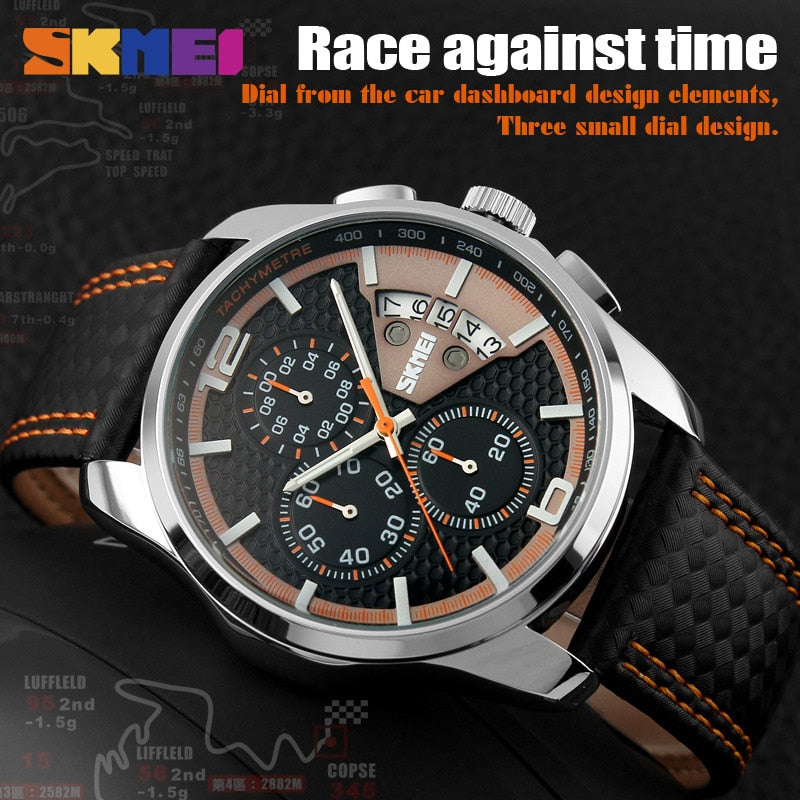 SKMEI Fashion Sport Mens Watches Top Brand Luxury Leather Strap 5Bar Waterproof Quartz Wristwatches Relogio Masculino 9106