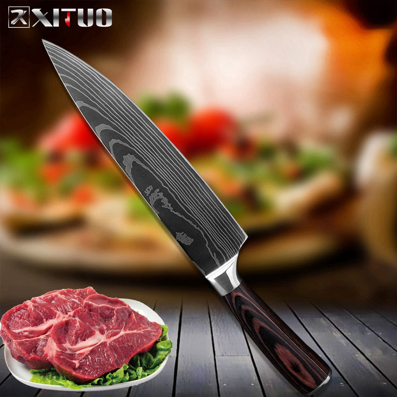 XITUO Kitchen Chef Knife Laser Damascus Pattern High Carbon Stainless Steel Non-stick Frozen Santoku Utility Cleaver Bread kni