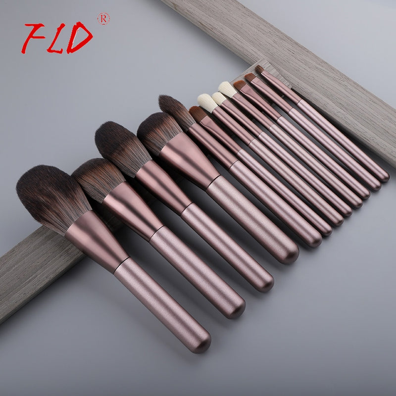 FLD 12-teiliges Make-up-Pinsel-Set mit Holzgriff Rouge-Pinsel-Set Augen-Eyeliner-Puder-Grundierung Make-up-Pinsel-Set Kosmetisches Werkzeug-Set