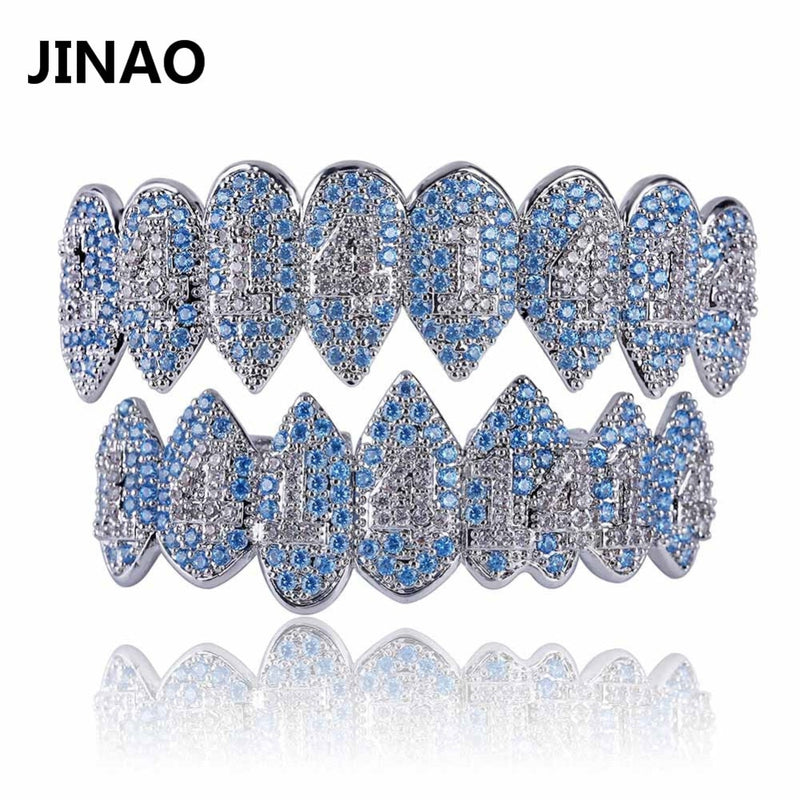 JINAO Silver color Iced Out 1414 Grillz Crystal Jewelry Top & Bottom Grillz Teeth Body Jewelry Hip Hop Bling AAA Cubic Zircon