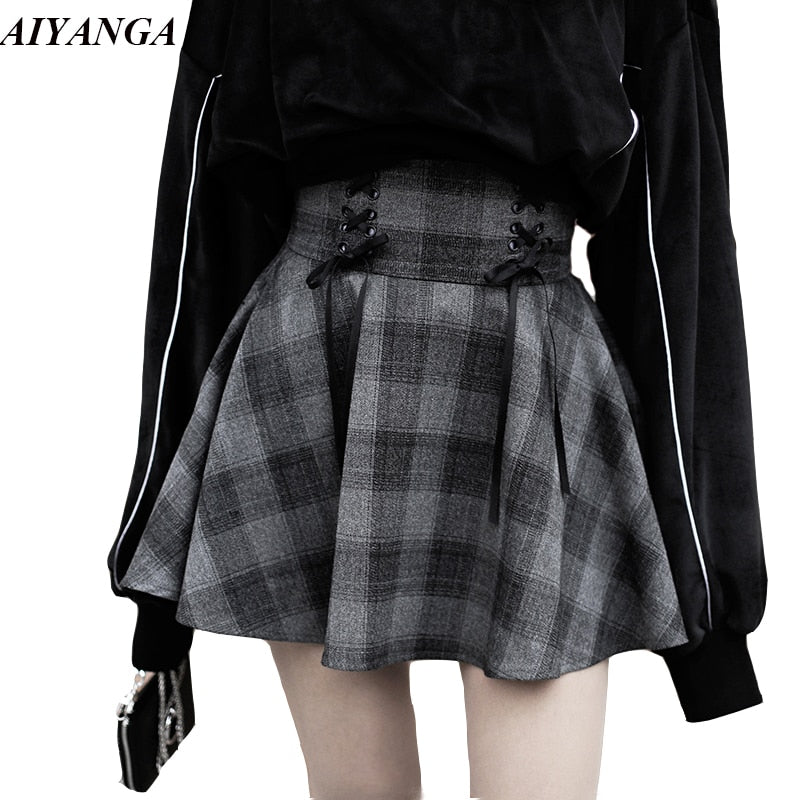 Gothic Women Skirts Fashion Autumn Winter Plaid Woolen Skirt Female High Waist Lace Up Mini Thick Warm Girls Saia 2023