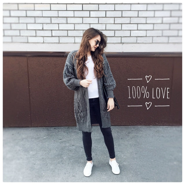 H.SA Winter Autumn Long Female Cardigans Latern Sleeve Casual Knitted Poncho Sweaters Oversized Long Cardigans Korean sueter