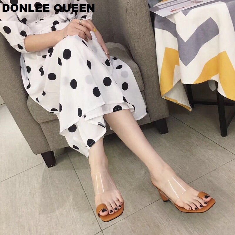 DONLEE QUEEN Transparent Sexy High Heel Hausschuhe Frauen Sommer Schuhe Weibliche Sandalen Slip On Slides 2021 Casual Sandalen Mujer Schuh