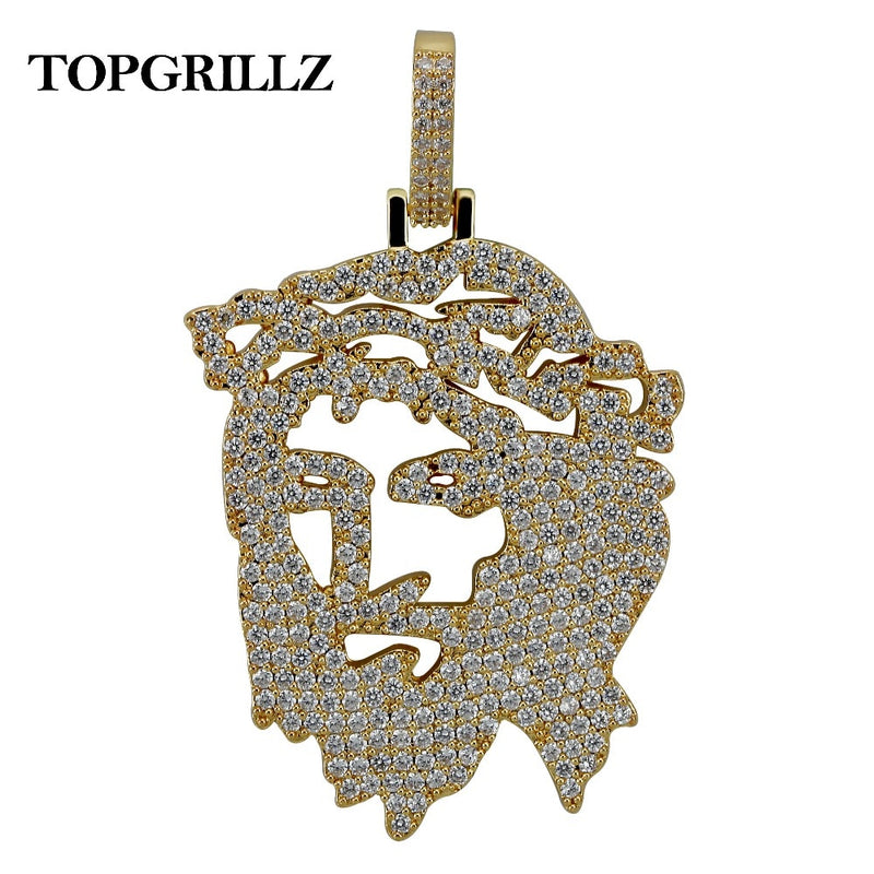 TOPGRILLZ Solid Back Iced Out Jesus Christus Kopf Gesicht Anhänger Halsketten Hip Hop Gold Silber Farbe Kette für Männer Frauen Schmuck