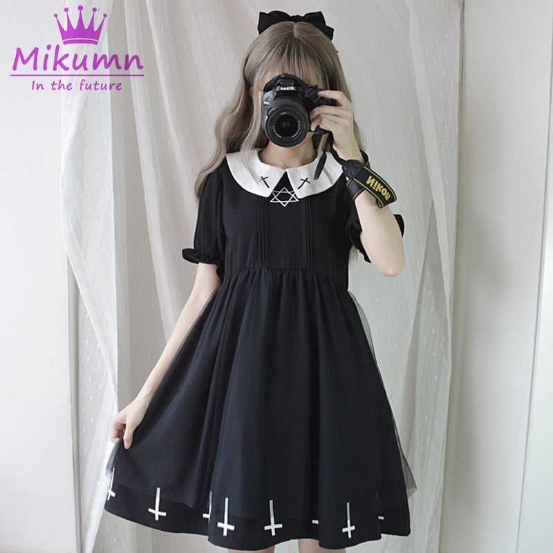 Harajuku Fashion Cross Cosplay Cute Girl Dress Japanese Gothic Style Star Tulle Dress Lolita Kawaii Dresses