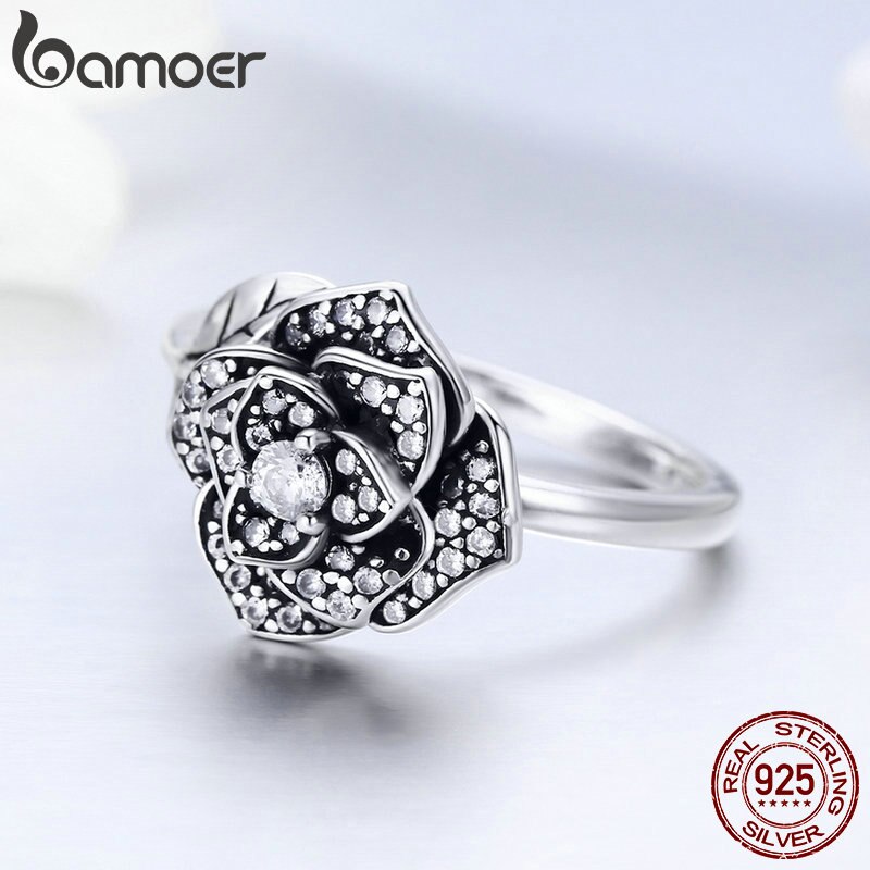 BAMOER 100% 925 Sterling Silber Rose Blume schillernde CZ Baumblatt Fingerringe für Frauen Hochzeit Engagement Schmuck Geschenk SCR382