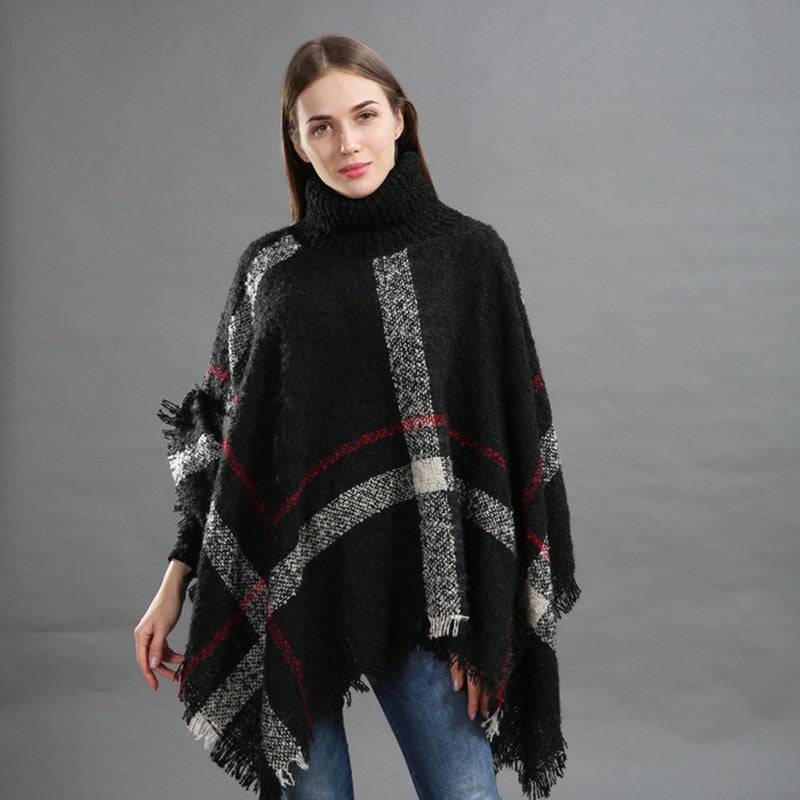 Winterpullover Damen Strickponcho Rollkragen Damenschal Dicke warme Pullover und Pullover Poncho und Capes