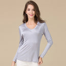 SuyaDream Damen T-Shirt Naturseide Lange Ärmel V-Ausschnitt Solides Basic Shirt Rosa Blau Lila Bottoming Top