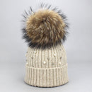 New Wool Beanies Women Real Natural Fur Pom Poms Fashion Pearl Knitted Hat Girls Female Beanie Cap Pompom Winter Hats for Women