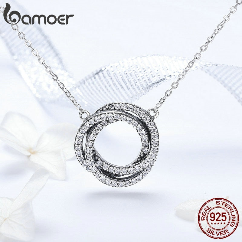 Bamoer Real 925 Sterling Silver Minimalism Geometric Stacked Circle Pendant Necklaces for Women Clear CZ Fine Jewelry SCN259