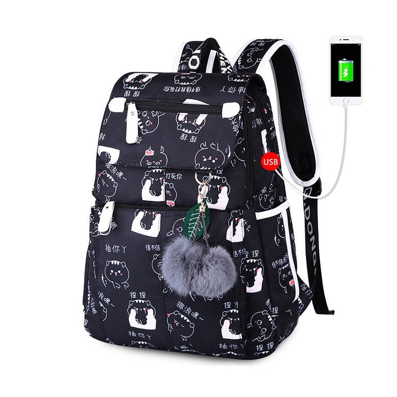 OKKID Schultaschen für Mädchen weiblicher Laptop-Rucksack USB-Rucksack Kinderrucksäcke süße Katze Schulrucksack für Mädchen Taschenpack