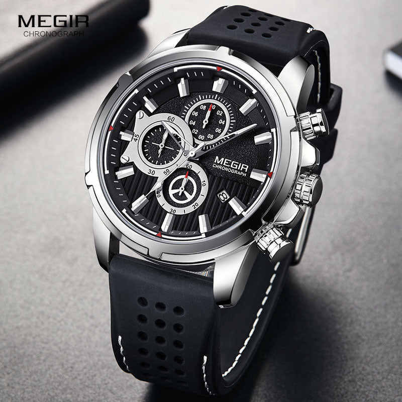 MEGIR Army Sports Quartz Watches Men Chronograph Silicone Strap Wristwatch Luxury Top Brand Relogios Mascuoino Clock 2101 Silver