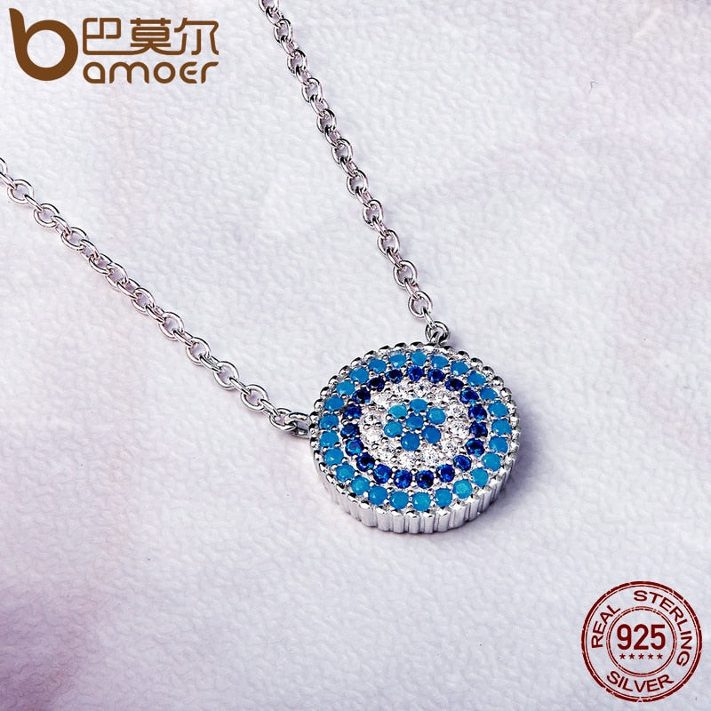 BAMOER Popular 925 plata esterlina redonda azul cristal Lucky Blue Eyes mujeres colgante collares auténtica joyería de plata SCN099