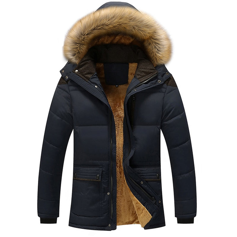 Chaquetas de invierno de piel de montaña para hombre, abrigos gruesos de lana 5XL con cuello de piel y capucha para hombre, chaqueta informal para hombre, prendas de vestir exteriores a prueba de viento SA390