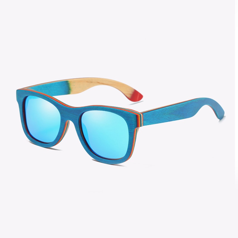 EZREAL Skateboard-Sonnenbrille aus Holz, blauer Rahmen mit Beschichtung, verspiegelte Bambus-Sonnenbrille, UV-400-Schutzgläser in Holzbox