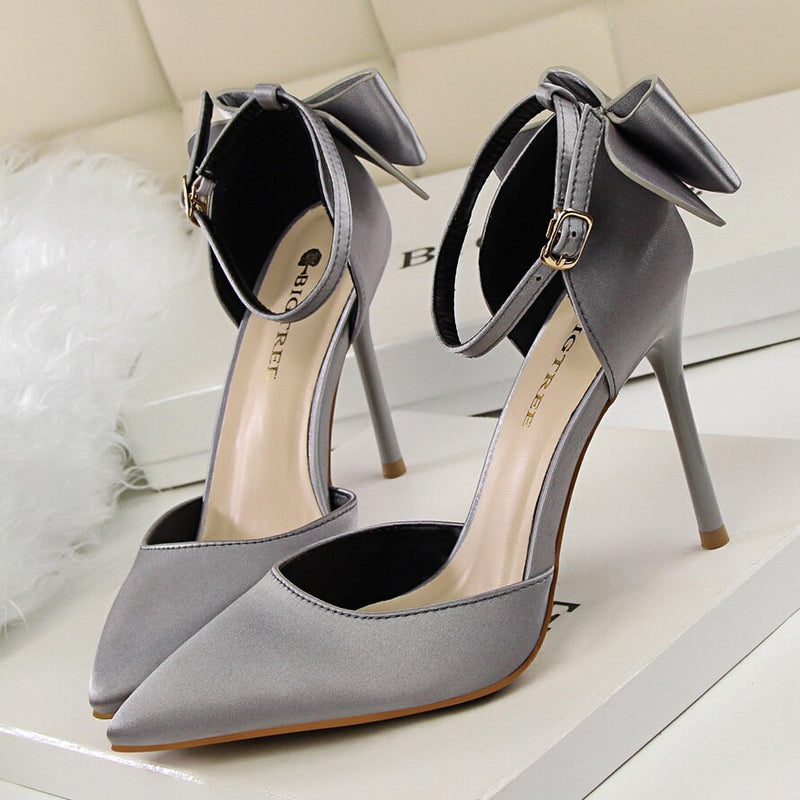 2019 Bow Damenschuhe Spitz Pumps Abendschuhe High Heels Bootsschuhe Hochzeitsschuhe Tenis Feminino Side mit Plus Größe 34-43