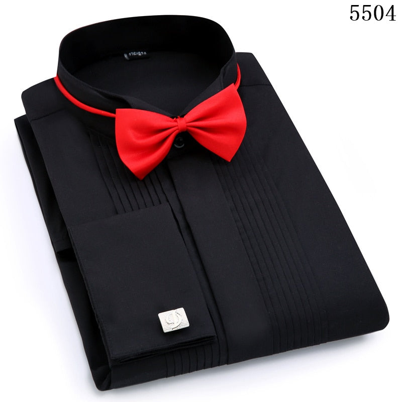 Esmoquin de boda para hombre, camisas de vestir de manga larga, gemelos franceses, pliegue de cola de golondrina, diseño de botones oscuros, camisa de caballero, blanco, rojo y negro