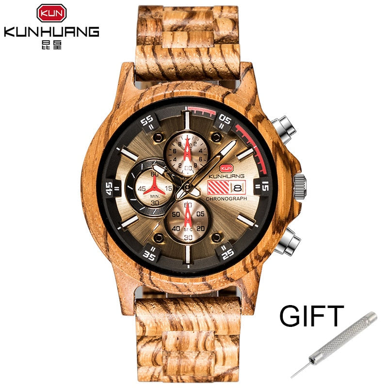 Reloj de madera con indicador de fecha para hombre, cronógrafo de madera de lujo, deportivo, militar, para exteriores, relojes de cuarzo en madera, masculino