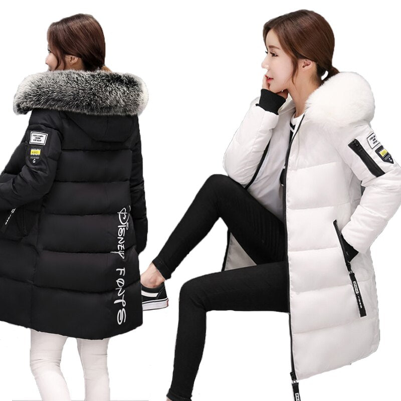 Prendas de vestir de invierno para mujer, Parka de algodón con cuello de piel grande coreana para mujer, abrigo de moda medio largo ajustado, chaqueta acolchada gruesa y cálida