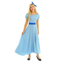 Frauen Halloween Cosplay Kostüm Wendy Kleid U-Boot-Ausschnitt kurze Puffärmel Prinzessin Party Fancy Maxikleid mit Kopfbedeckung und Gürtel
