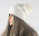 Herbst Winter Bommel Beanie Hut Frauen Wolle Gestrickte Skullies Beanies Lässige Weibliche Kaschmirmütze Echter Waschbärpelz Bommelmütze