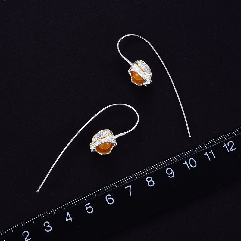 Lotus Fun Real 925 Sterling Silver Earrings Natural Stone Fine Jewelry Design Physalis Fruits Dangle Earrings for Women Brincos