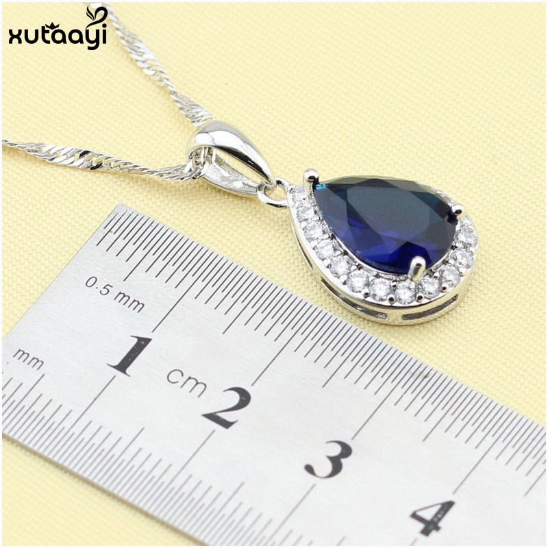 XUTAAYI Hochwertige Silberschmuck-Sets Blau Erstellt Saphir Flawless Halskette/Ringe/Ohrringe/Armband Für Frauen