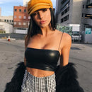 Lässiges PU-Leder Soild Camisole Femme Slash Neck Damen Streetwear Crop Top Chic Ring Straps Bodycon Schwarz Skinny Camis Sommer