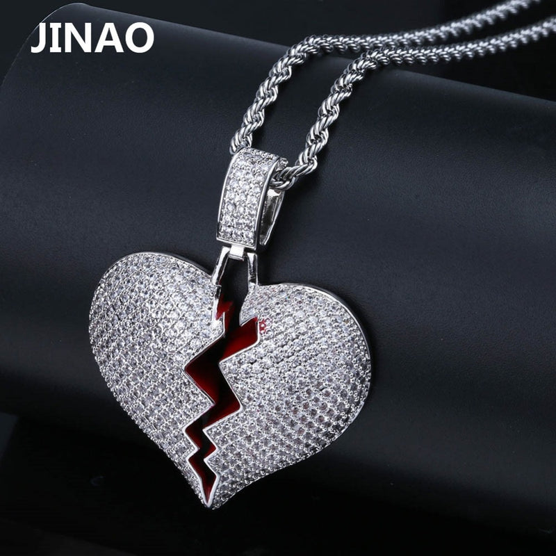 JINAO Fashion Broken Heart Iced Out Chain Pendant Necklace Statement Gold Color Cubic Zircon Necklace Hip Hop Men&