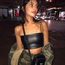 Lässiges PU-Leder Soild Camisole Femme Slash Neck Damen Streetwear Crop Top Chic Ring Straps Bodycon Schwarz Skinny Camis Sommer