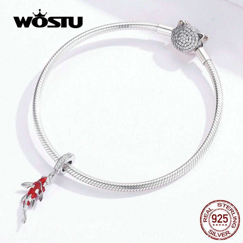 WOSTU Lucky Carp Dangle Charm 925 Sterling Silver Esmalte rojo CZ Beads Fit Original Pulsera Colgante Plata 925 Jewelry CTC085