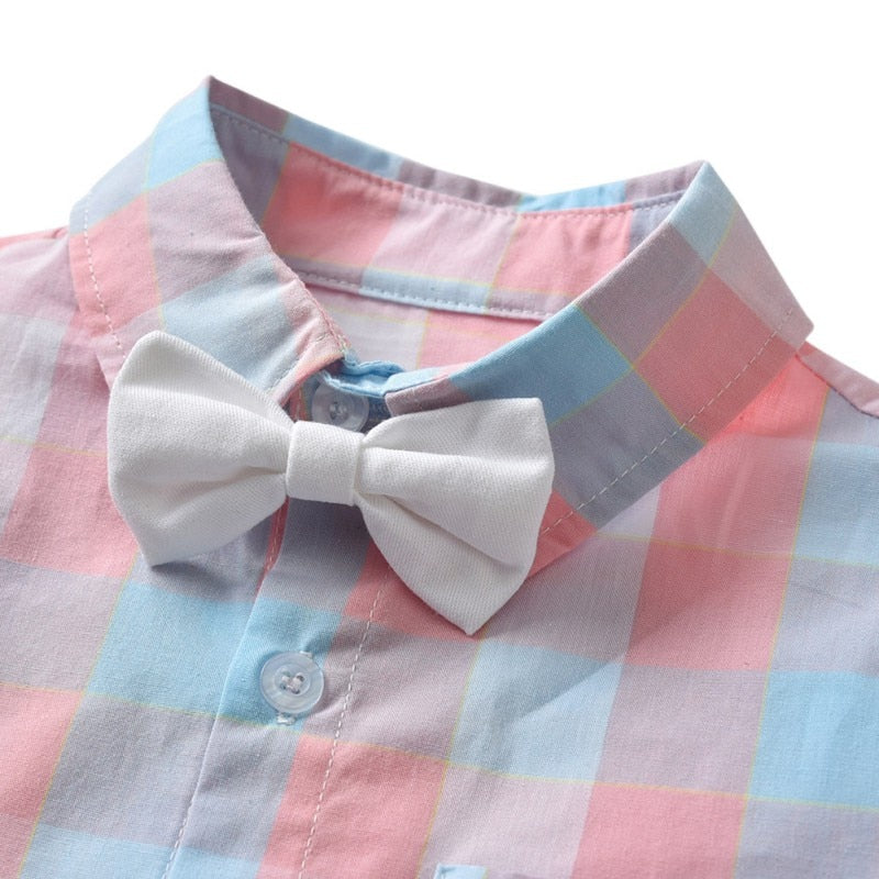 Summer Baby Boy Clothes Suits Gentleman Boy Short-Sleeve Plaid shirt +Overalls Shorts With Tie cotton Wedding Boys Clothes Set