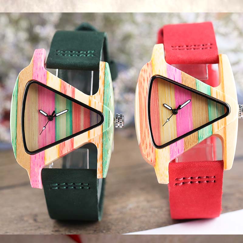 Reloj de madera colorido único, Reloj creativo con forma de triángulo, Reloj de hora para Mujer, pulsera de cuero de cuarzo, Reloj de pulsera para Mujer