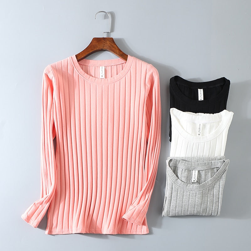 Striped Elastic T Shirt Women 2022 Spring Top Casual O Neck Long Sleeve Shirt Cotton T-Shirts Tops Knitted Blusas Big Size D108