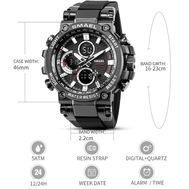 SMAEL Herren Sportuhren Digital Double Time Chronograph Uhr Herren LED Chronometer Wochenanzeige Armbanduhren montre homme Hour