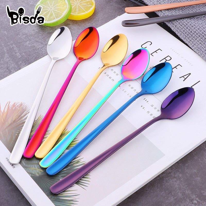 Stainless Steel Ice Spoon 8 Colors Dessert Scoop for Ice Cream Long Handle Honey Spoons Set Gold Yogurt Stirring Tools Mixing