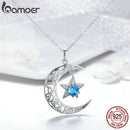 BAMOER Romantic 925 Sterling Silber Funkelnder Mond und Stern Halsketten Anhänger für Frauen Mode Halskette Schmuck Geschenk SCN278