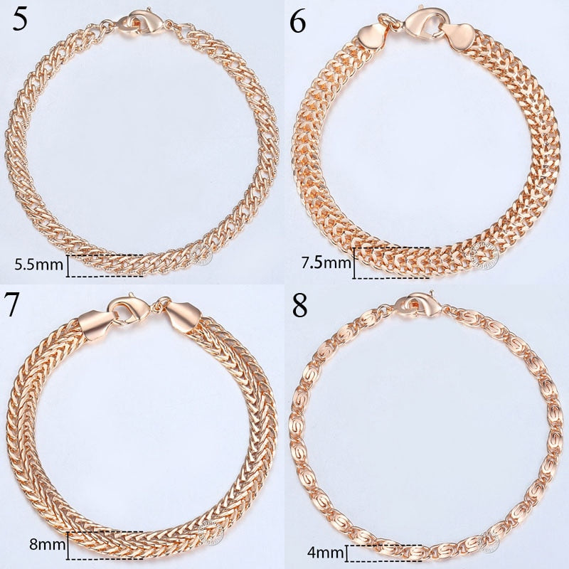 8Pcs/Lot Women&#39;s Men&#39;s Bracelet 585 Rose Gold Color Curb Snail Foxtail Venitian Link Bracelet Girls Wholesale Jewelry 20cm