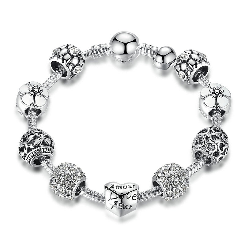 BAMOER Silver Plated Charm Bracelet &amp; Bangle with Love and Flower Beads Women Wedding Jewelry 4 Colors 18CM 20CM 21CM PA1455