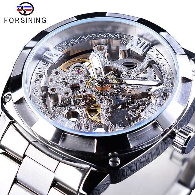 Forsining Silver Watches Folding Clasp with Safety Men&