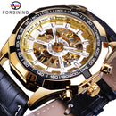 Forsining Waterproof Golden Black Skeleton Clock Two Button Decoration Mechanical Wrist Watches for Men Black Genuine Leather