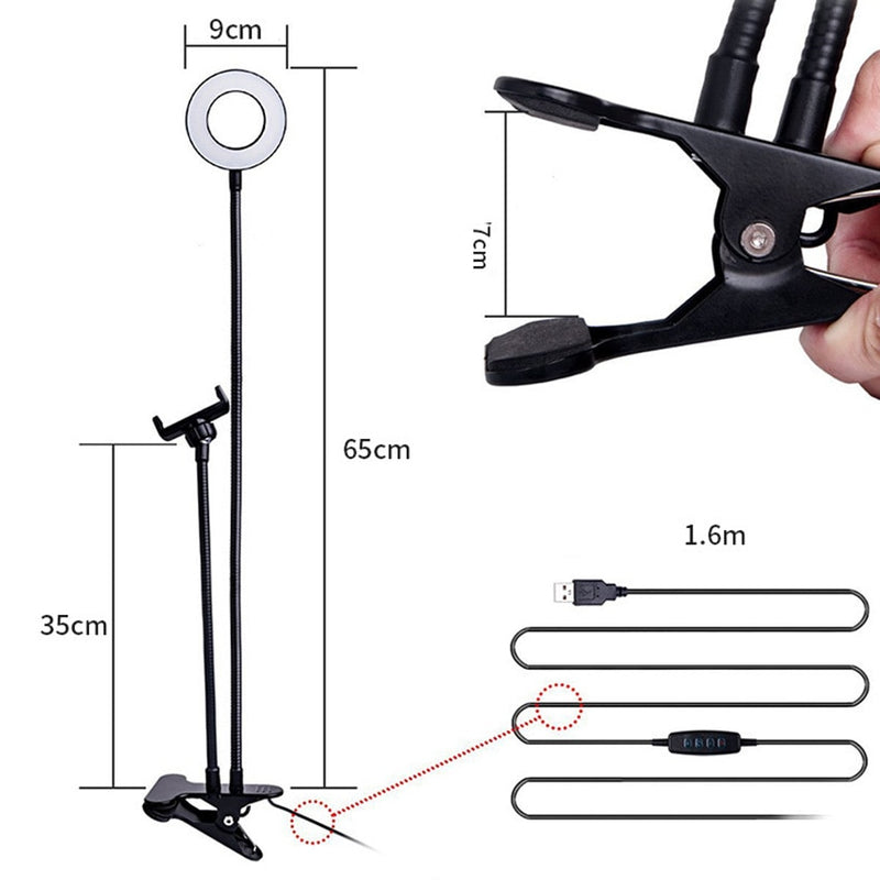 Flexible Monopod Mount Bracket with LED Ring Flash Light Lamp Tabletop Stand Tripods with Mobile Phone Holder for Video Bloggers