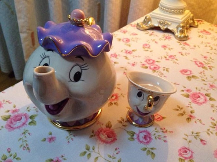 Cartoon Beauty And The Beast Teapot Mug Mrs Potts Chip Tea Pot Cup Set Cogsworth Porcelain Gift 18K Gold-plated Painted Enamel