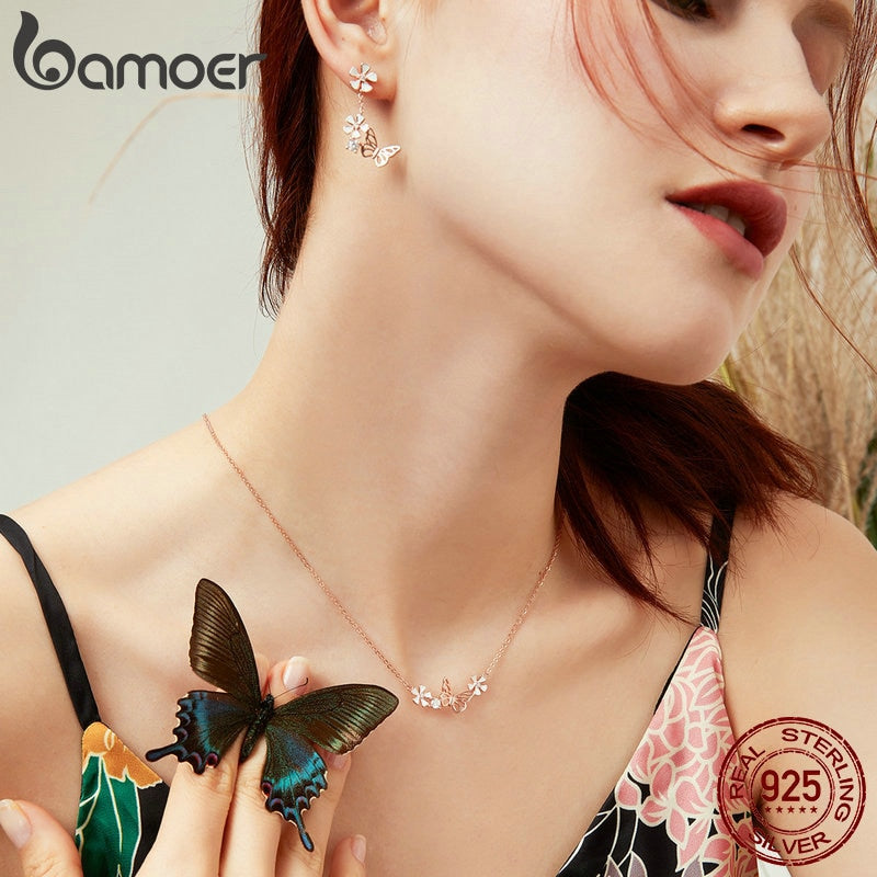 BAMOER 925 Sterling Silver Butterfly and Flower Necklace Enamel Floral Short Choker Necklace Silver Korean Style Jewelry BSN053